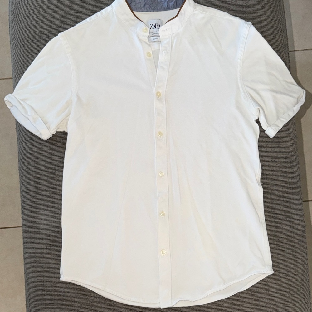 Zara Men White Short-Sleeve Grandad Collar Button-Up Shirt
